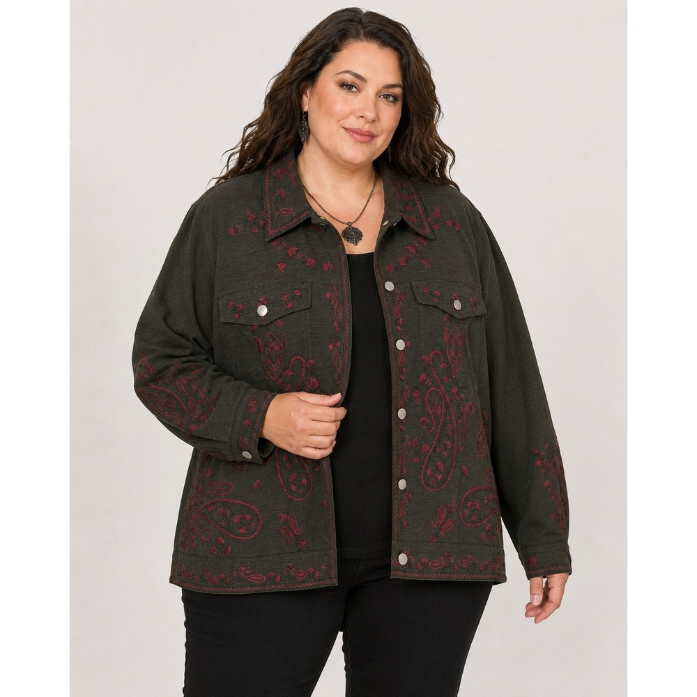Carole Little Silk Jacket‎ 3X Green Red Paisley Embroidered Boho Western Fall